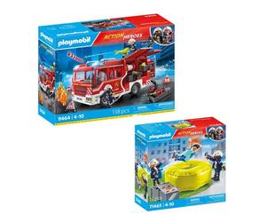 Pack PLAYMOBIL Pompiers : Fourgon d'intervention (9464) + Pompiers avec coussin (71465)