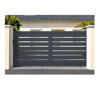 Pack portail coulissant en aluminium gris - CASANOOV - VOGEL - Portillon 1 m - 4 poteaux ELDA - Dimensions 390 x 145 cm