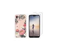 NOVAGO Compatible avec Huawei P20 Lite-Pack de 2 Films Protection écran en Verre trempé +1 Coque Résistante et Solide Anti Choc (1 Coque +2 Films, Grosse Fleur)