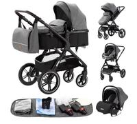 "Pack Poussette fille et garçon 3 en 1 grise avec Siège de Sécurité auto, Panier, Accoudoir, Housse de Pluie, Moustiquaire, Porte-Gobelet et Sac Momie Tapis de Refroidissement et Couvre-Pied"