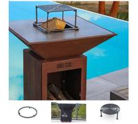 Pack Printemps Brasero Plancha Barbecue Auvergnat Corten Simple Cuve Bois Carré 62x62x76 cm - Avec rangement bois - Un brasero