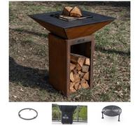 PACK PRINTEMPS Braséro plancha avec meuble range bois en corten 74x74x90 Barbecue d'extérieur