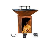 Pack Privilege Brasero Cevenol Acier Bois Carre 74 Imitation Corten Double Cuve - Avec rangement bois