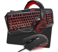 Pack Pro Gamer AMSTRAD Redemption 5 pièces: Clavier, Souris & Tapis, Casque & Adaptateur. Retro-éclairage Rouge. AZERTY & USB