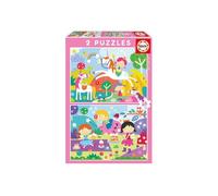 Pack Puzzles 2 x 48 pieces Monde Magique : Licornes et Fees - Amis fantastiques - Des 5 ans - Set Puzzle Fille + carte animaux