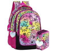Pack Rentrée Scolaire Fille Motif Shiny Mood avec Pompon Cœur - Sac à Dos École Primaire (Adaptable Trolley) + Trousse Garnie 3 Compartiments 46 Pièces - Set Assorti (6-11 Ans)