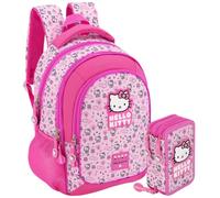 Pack Rentrée Scolaire Fille pour Fans de Hello Kitty - Sac à Dos École Primaire (Adaptable Trolley) + Trousse Garnie 3 Compartiments 46 Pièces - Set Assorti (6-11 Ans)