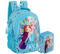 Pack Rentrée Scolaire Fille pour Fans de La Reine des Neiges - Sac à Dos École Primaire (Adaptable Trolley) + Trousse Garnie 3 Compartiments 46 Pièces - Set Assorti (6-11 Ans)