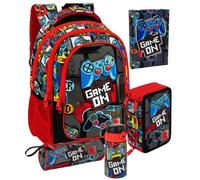 Pack Rentrée Scolaire Garçon Motif 5 Pièces - Sac à Dos École Primaire, Trousse Garnie 3 Compartiments, Gourde Isotherme, Agenda et Trousse Ronde - Kit Complet CP-CM2 (6-11 Ans) Gamer Squad