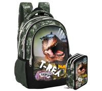 Pack Rentrée Scolaire Garçon Motif Dinosaure T-Rex - Sac à Dos École Primaire (Adaptable Trolley) + Trousse Garnie 3 Compartiments 46 Pièces - Set Assorti (6-11 Ans)