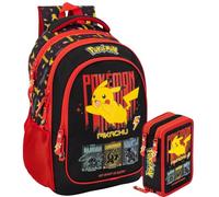 Pack Rentrée Scolaire Garçon pour Fan de Pokémon - Sac à Dos École Primaire (Adaptable Trolley) + Trousse Garnie 3 Compartiments 46 Pièces - Set Assorti (6-11 Ans)