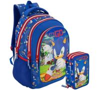Pack Rentrée Scolaire Garçon pour Fan de Sonic - Sac à Dos École Primaire (Adaptable Trolley) + Trousse Garnie 3 Compartiments 46 Pièces - Set Assorti (6-11 Ans)