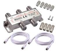 Pack répartiteur Splitter 1 entrée 4 sorties UHF/VHF/FM, 5 - 2500MHz + 2 Câbles coax 1.5m + 4 Fiches F + 5 connecteurs raccord F F