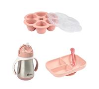 Pack repas bébé silicone Old Pink + tasse paille inox 250 ml + multiportions 6 x 90 ml
