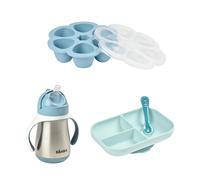 Pack repas bébé silicone Windy Blue + tasse paille inox 250 ml + multiportions 6 x 90 ml