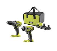 Pack RYOBI 18V Perceuse-visseuse - Visseuse à chocs - 2 batteries 2.0 Ah - 1 chargeur R18DDID-220S