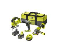 RYOBI - Pack 3 outils sans fil One+ : perceuse R18DD7 - meuleuse R18AG - scie sauteuse R18JS - 2 batteries 2Ah et 4Ah - 1 chargeur - 1 sac de transport