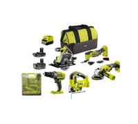 Pack RYOBI 5 outils - 2 batteries 2.0Ah et 4.0Ah - 1 chargeur - 90 accessoires perceuse