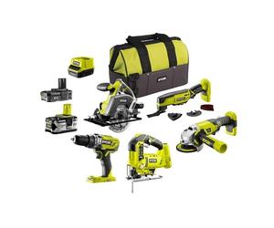 Pack RYOBI 5 outils : perceuse-visseuse R18PD3-0, scie sauteuse R18JS-0, scie circulaire R18CSP-0, meuleuse R18AG-0, multitool R18MT3-0, 2 batteries et chargeur.