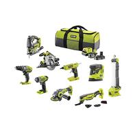 Pack RYOBI Combo : 9 outils essentiels, incluant perceuse, visseuse, scie, meuleuse, ponceuse, outil multifonctions, pistolet à colle, lampe LED, 2 batteries et chargeur rangé dans 2 sacs.
