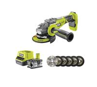 Pack RYOBI meuleuse d'angle brushless 18V OnePlus - 1 batterie 18V 4.0Ah - 1 chargeur rapide - Kit 6 disques 125 mm