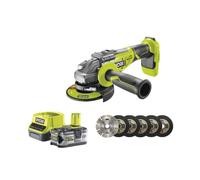 Pack RYOBI meuleuse d'angle brushless 18V One+ R18AG7-0 - 1 batterie 18V 5.0Ah - 1 chargeur rapide - kit de 6 disques 125 mm