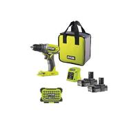 Pack RYOBI Perceuse Visseuse R18DD2-220S 18V One Plus avec 2 batteries 2,0Ah, chargeur rapide et coffret antichocs contenant 31 accessoires de vissage mixtes pour tous vos projets.