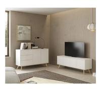 BLAJK - Pack Salon Scandinave Meuble TV 4 Portes + Buffet 140cm Pin Naturel et Blanc -