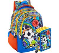 Pack Scolaire Enfant Sac à dos Avec Trousse Rempli 45 Pièces - Ergonomique 33x15x43 cm - école primaire CP, CE1, CE2, CM1, CM2 - avec passant valise - Design sport football basket - Julian Ross