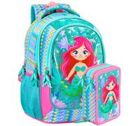 Pack Scolaire Enfant Sac à dos Avec Trousse Rempli 45 Pièces - Ergonomique Fille 33x15x43 cm - école primaire CP, CE1, CE2, CM1, CM2 - passant valise - Julian Ross motif sirène