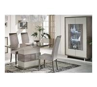 AUXANE - Pack Séjour Table Allongeable + Vitrine 2 Portes Led Gris Metallisé et Mat -