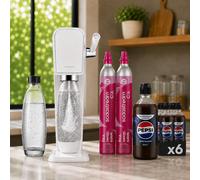Pack SodaStream ART Blanche + 2 Carafes en Verre DUO 1L + 2 Recharges CO₂ Quick Connect 60L + Lot de 6 Concentrés Pepsi Zéro Sucres 440 ml | Préparez jusqu'à 54 L de Boisson | Bouchon Anti-Goutte