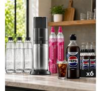Pack SodaStream DUO® Machine à Eau Pétillante Noire + 3 Carafes en Verre 1L Compatibles DUO + 2 Recharges CO₂ Quick Connect 60L + Lot de 6 Concentrés Pepsi Zéro Sucres 440 ml