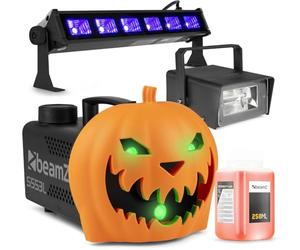 Pack Soirée Halloween Complet - Machine à Fumée avec Citrouille Animée, Strobe et Lumière Noire - Ambiance Effrayante Halloween pour une Soirée Unique, Exclusivité BeamZ 2024, Liquide Inclus