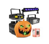 Pack Soirée Halloween Complet - Machine à Fumée Citrouille LED, Rires Diaboliques, Strobe, Lumière Noire et Laser DJ