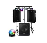 Pack Sono 1800 W Ibiza - 2 Enceintes DISCO12B 600W Pieds support - Caisson Basses SUB15A - Pack 5 jeux Lumière Astro Derby Strobe