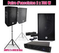 Pack SONO 2 enceintes 2x700W BM SONIC BMS-15, Amplificateur Ibiza AMP-1000 MKII, Supports pieds et câbles G