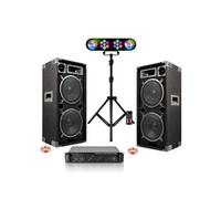 Pack Sono Ibiza Sound - 2 Enceintes Passives 2x1000W - Ampli Professionnel 2x600W - Pied Jeux Lumières 2 PARS 2 Astro Réglable