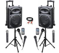 Pack Sono 2 Enceintes Portables Autonomes Bluetooth Ibiza PORT8VHF-BT USB 400W 6 Micros - Paire Supports Enceintes SS01B-MINI - Fête