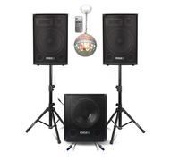 Pack Sono 2200w avec caisson de basses amplifié 8000w sub15a + 2 Enceintes 700w + pieds + câble Pc + jeu de lumière ASTRO BALL