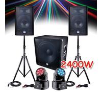 Pack sono 2400W - 2 Enceintes 30cm + Sub 46cm + Câbles + 2 Lyres à LEDs DMX RVB + BLANC 4W