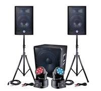 Pack sono 2400W - 2 Enceintes 30cm + Sub 46cm + Câbles + 2 Lyres à LEDs DMX RVB + BLANC 4W