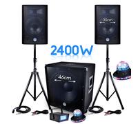 PACK SONO 2400W BMS-1812 SUB 46cm 2 enceintes 30cm + Câbles + Mini LEDSTROBE LytOr + 2 Effets ROUNDIAMS UFO