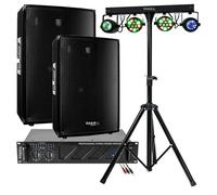 Pack Sono 2800W Total Ibiza - Ampli 2x800W - 2 Enceintes 600W - Pied Support - 4 Jeux de Lumière Projecteurs Moonflower - DJ Mobile