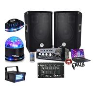 Pack sono 600W, AMPLI BLUETOOTH + 2 ENCEINTES + Table de mixage USB, Câblages, 3 Jeux de lumières, PA DJ MIX SOIREE MAISON BAR