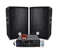 Pack Sono 600W Enceintes Bass Reflex 3 voies 8" 2x300W - Amplificteur 100W USB MP3 SD BLUETOOTH,PC, ENTRÉES MICROS Câbles inclus