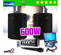 Pack sono Ibiza sound 600W total + Ampli PLS1250 + 2 Enceintes 300W PA DJ SONO MIX LED LIGHT MICRO soirée Familiale Bar Maison