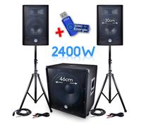 PACK Sono BMS-1812 2400W SUB Actif 46cm - 2 enceintes 30cm + Câbles+ Clé USB 32Go