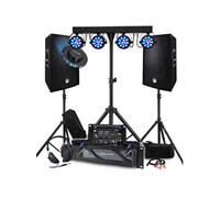 BM Sonic Pack Sono 3200W Complet Paire Enceintes Passives 2x600W Table de Mixage Portique 4 Lumières TEOS OVNI LED Salle Fêtes