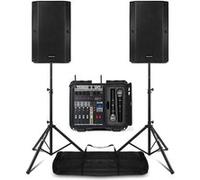 Pack sono complet avec table de mixage, 2 enceintes passives, microphones UHF, câbles et pieds d’enceintes réglables, puissance 1600 W, Bluetooth et MP3